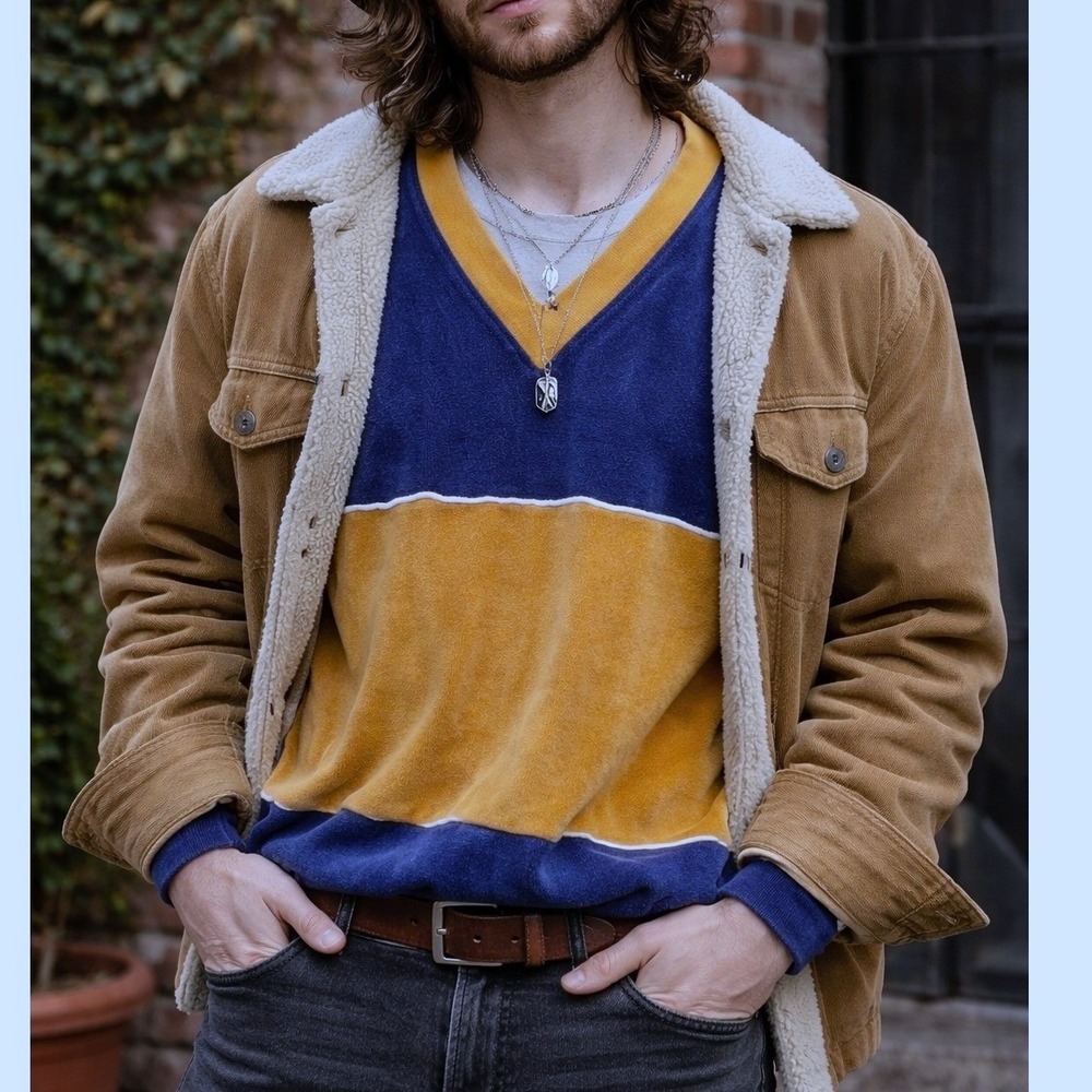 Vintage California Mens Velour‎ V-Neck Sweatshirt Blue Yellow Colorblock Medium